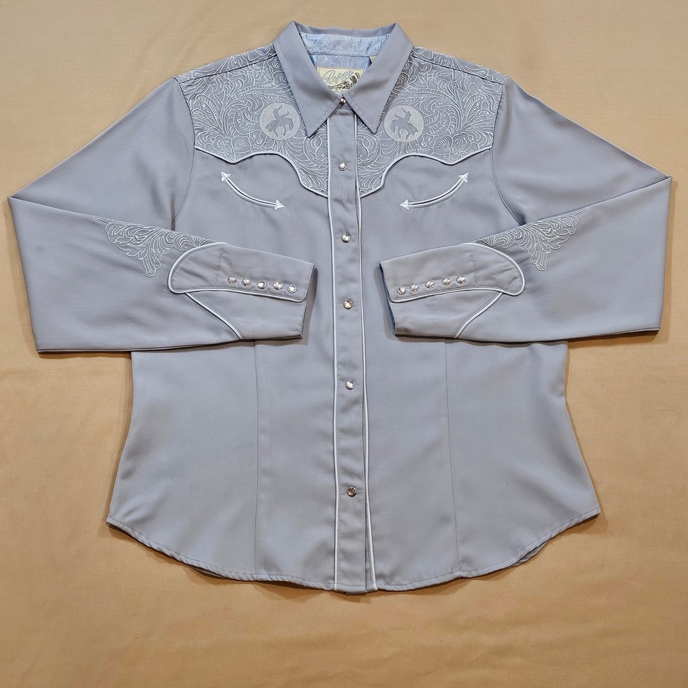 Roper Womens Grey Western Pearl Snap Shirt‎ Embroidered Bronco Horse XL